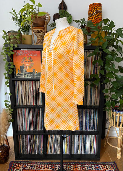 Vintage 1960s Orange Check Lace Up Dress