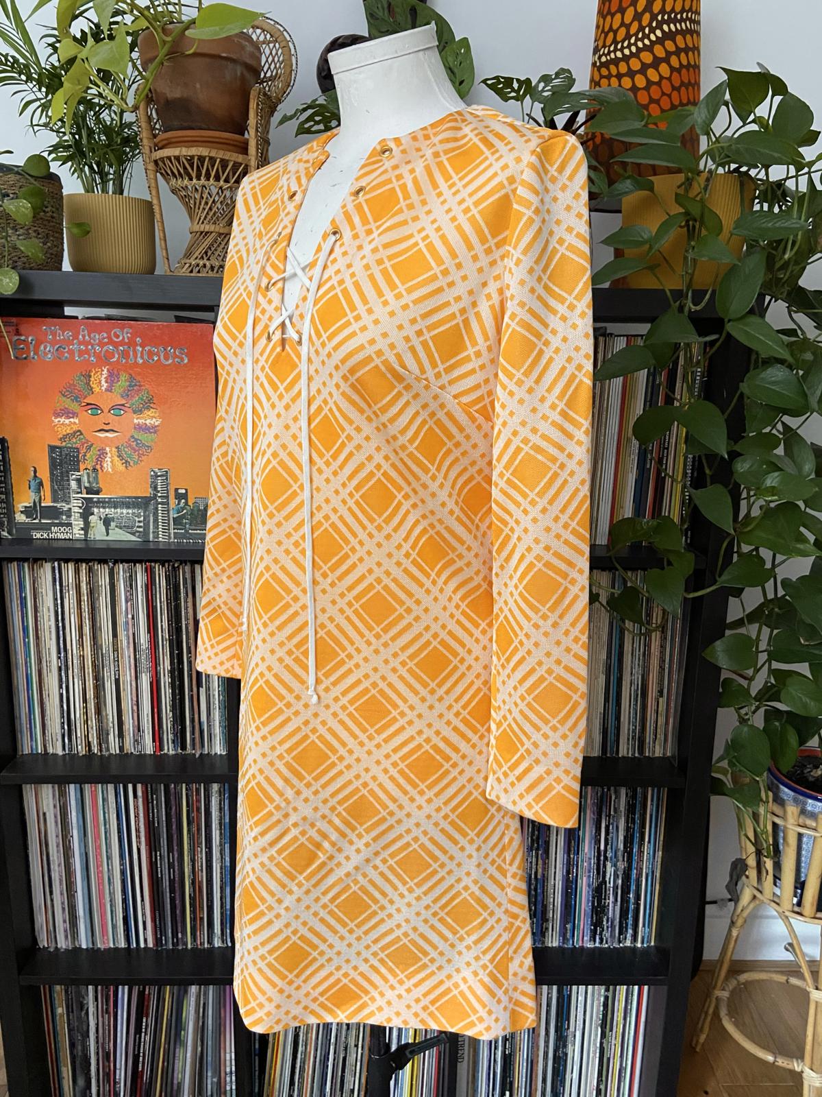 Vintage 1960s Orange Check Lace Up Dress