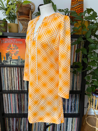 Vintage 1960s Orange Check Lace Up Dress