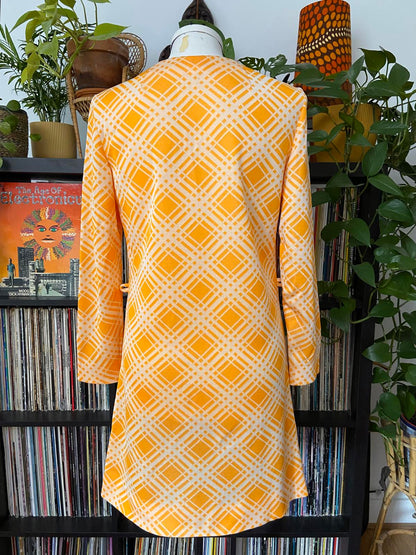 Vintage 1960s Orange Check Lace Up Dress
