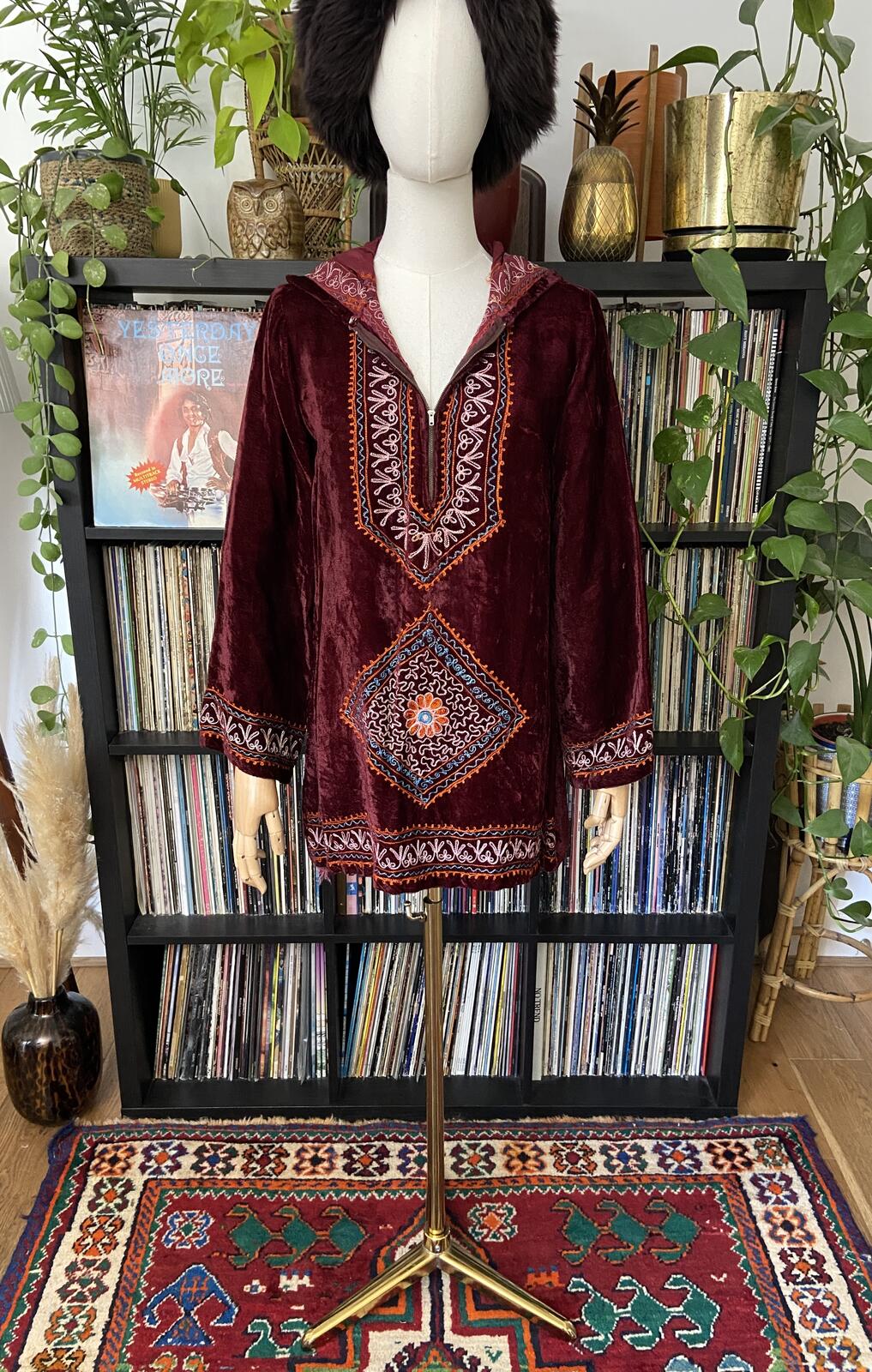 Vintage 1960s Burgundy Indian Embroidered Velvet Mini Dress