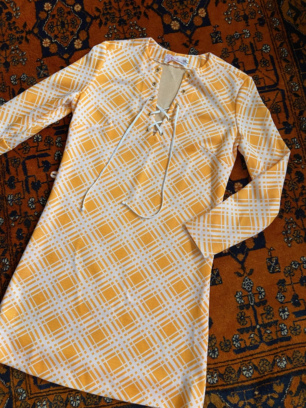 Vintage 1960s Orange Check Lace Up Dress