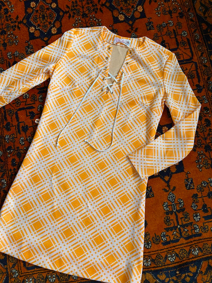 Vintage 1960s Orange Check Lace Up Dress