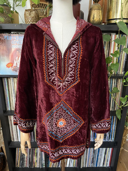 Vintage 1960s Burgundy Indian Embroidered Velvet Mini Dress