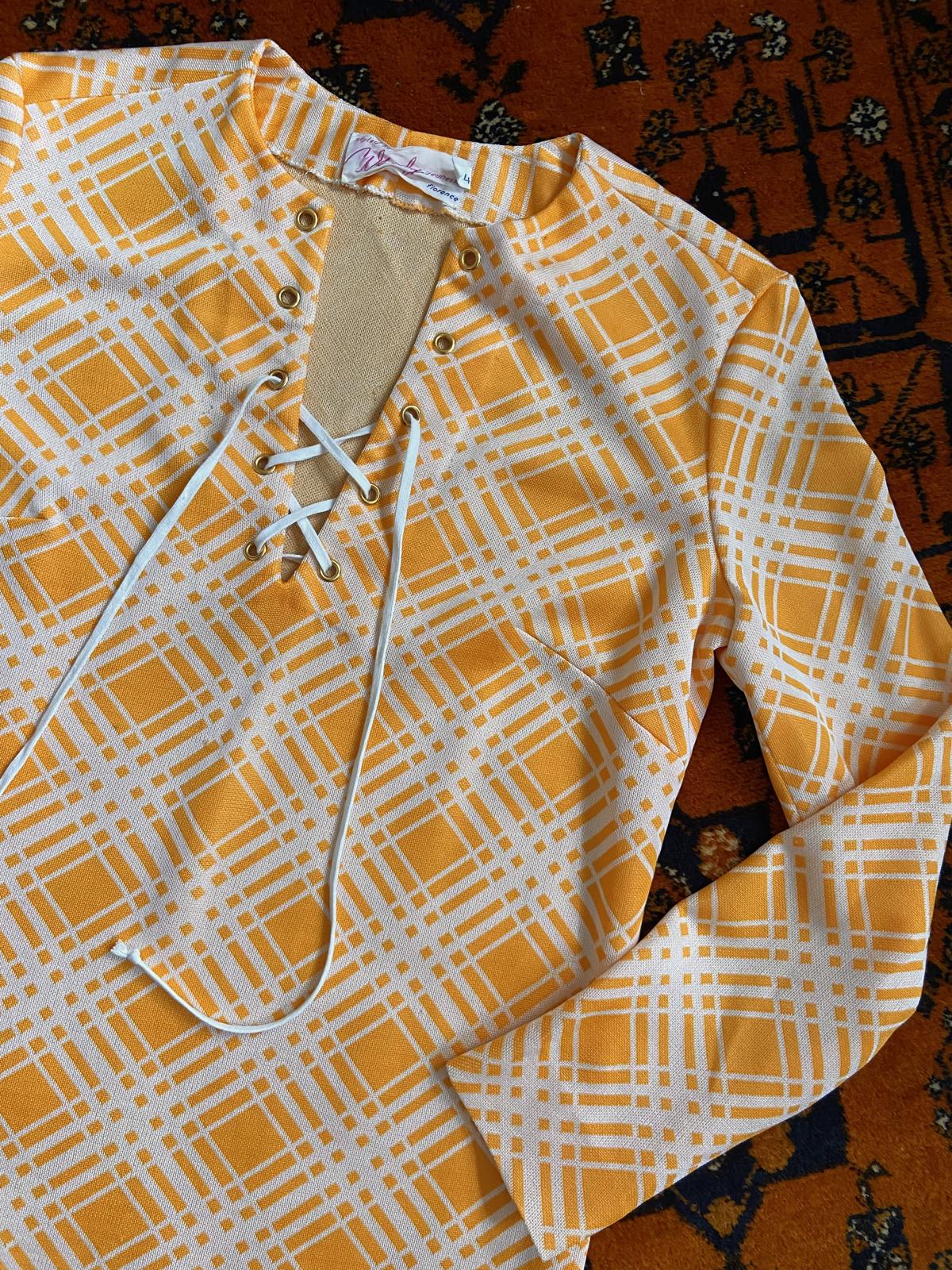 Vintage 1960s Orange Check Lace Up Dress