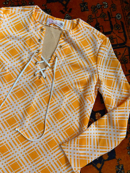 Vintage 1960s Orange Check Lace Up Dress