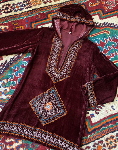 Vintage 1960s Burgundy Indian Embroidered Velvet Mini Dress