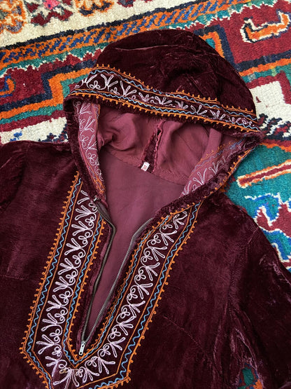 Vintage 1960s Burgundy Indian Embroidered Velvet Mini Dress