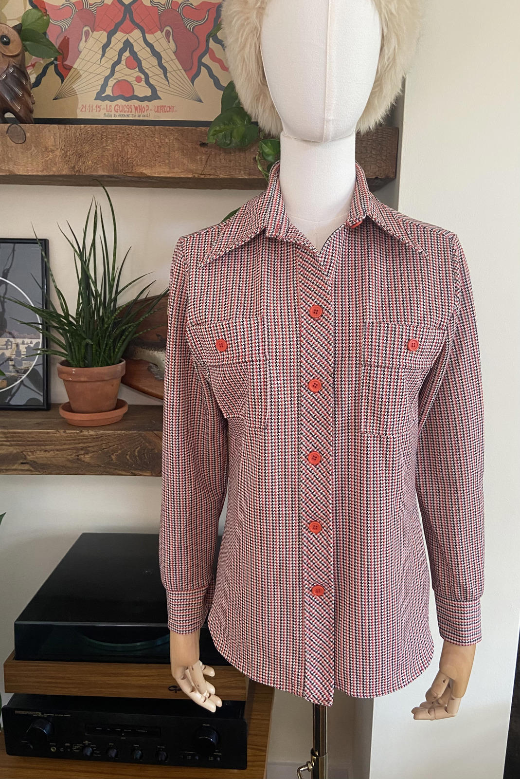 Vintage 1970s Houndstooth Dagger Collar Shirt