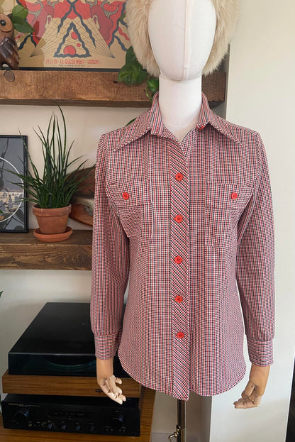 Vintage 1970s Houndstooth Dagger Collar Shirt