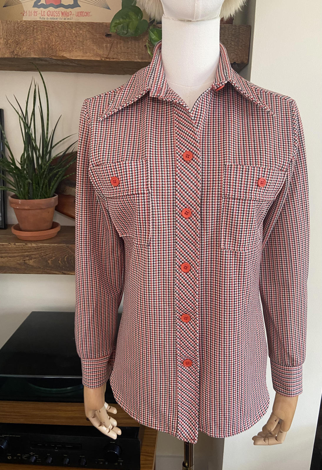 Vintage 1970s Houndstooth Dagger Collar Shirt