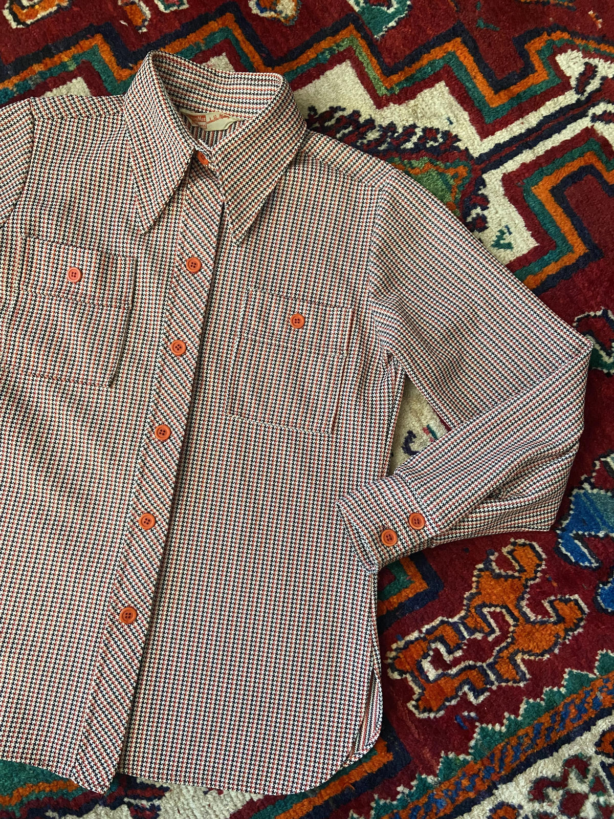 Vintage 1970s Houndstooth Dagger Collar Shirt