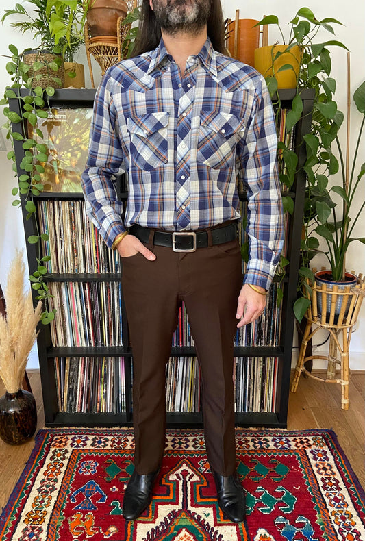 Vintage 1970s Blue & Rust Checked Western Shirt