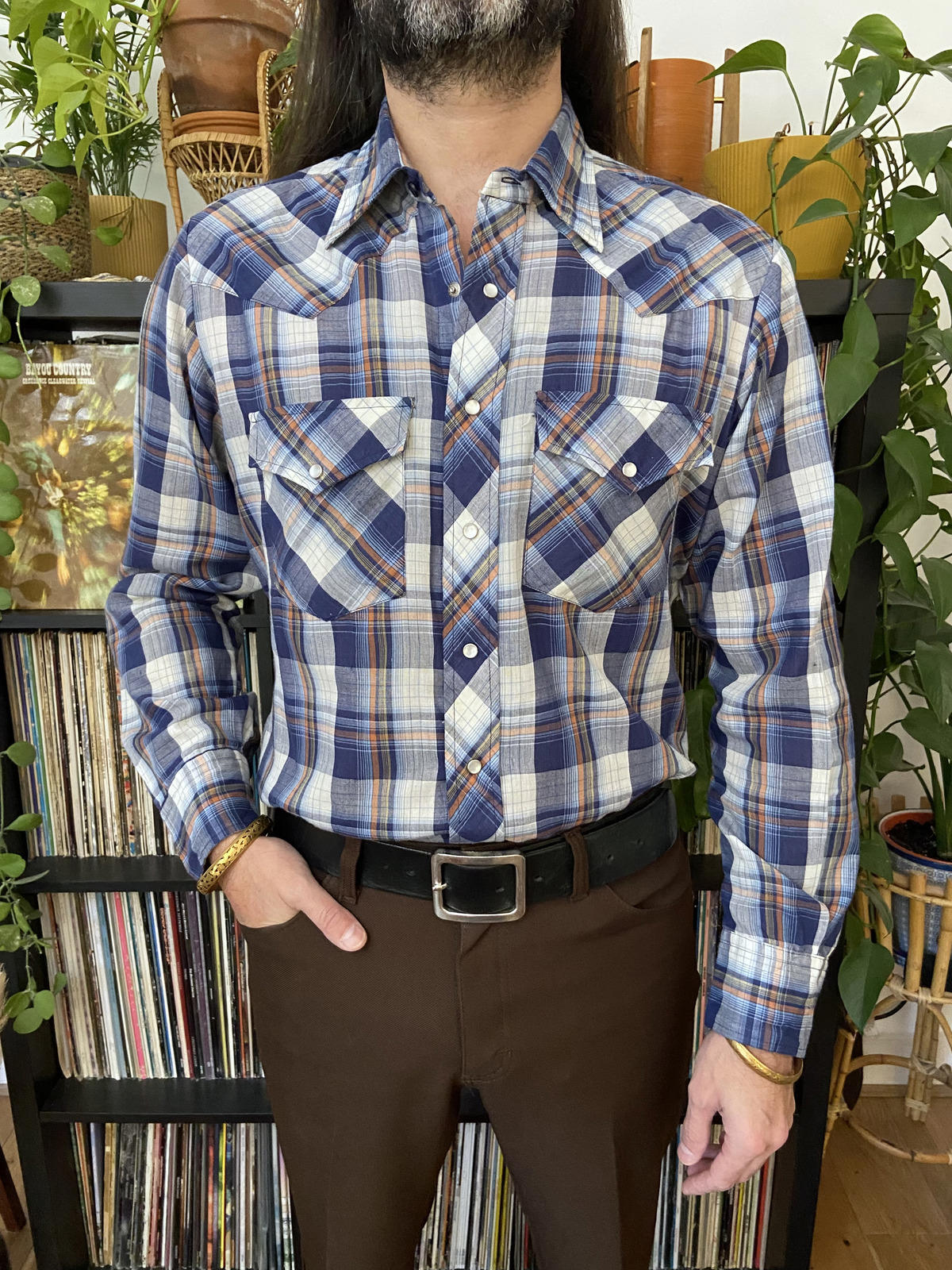 Vintage 1970s Blue & Rust Checked Western Shirt