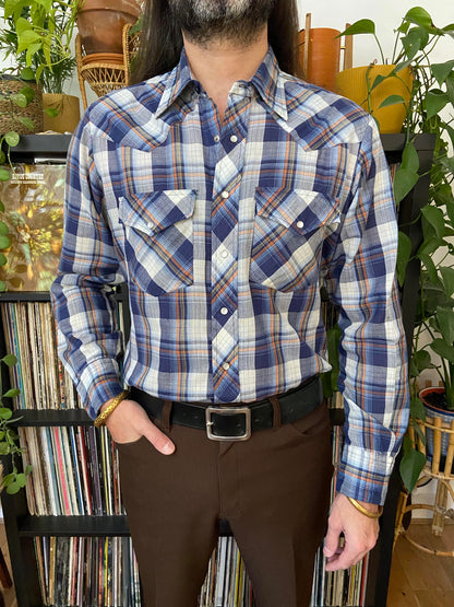 Vintage 1970s Blue & Rust Checked Western Shirt