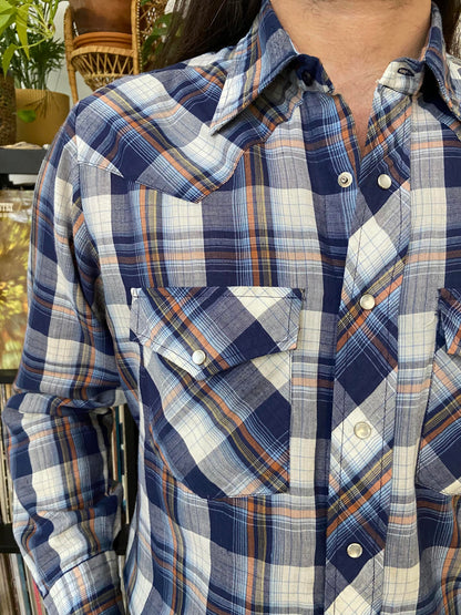 Vintage 1970s Blue & Rust Checked Western Shirt