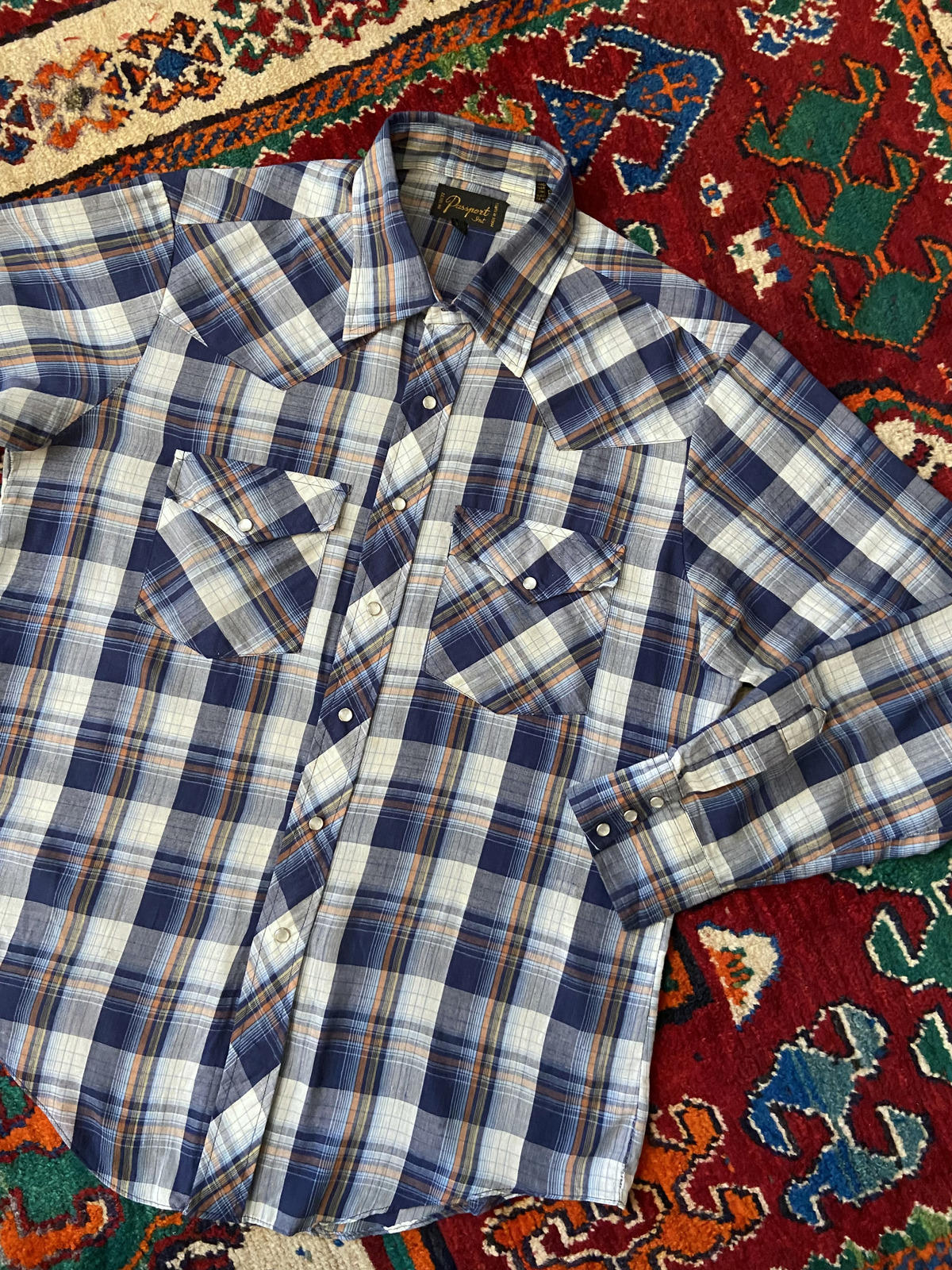 Vintage 1970s Blue & Rust Checked Western Shirt