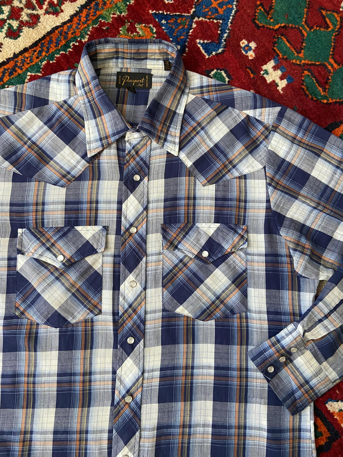 Vintage 1970s Blue & Rust Checked Western Shirt