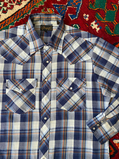 Vintage 1970s Blue & Rust Checked Western Shirt