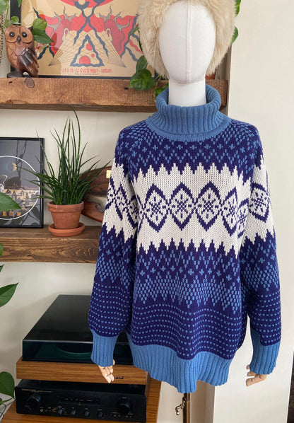 Vintage 1980s Navy Fair Isle Turtleneck Jumper