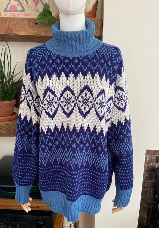 Vintage 1980s Navy Fair Isle Turtleneck Jumper