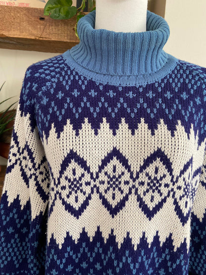 Vintage 1980s Navy Fair Isle Turtleneck Jumper
