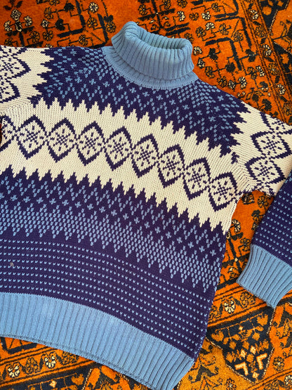 Vintage 1980s Navy Fair Isle Turtleneck Jumper