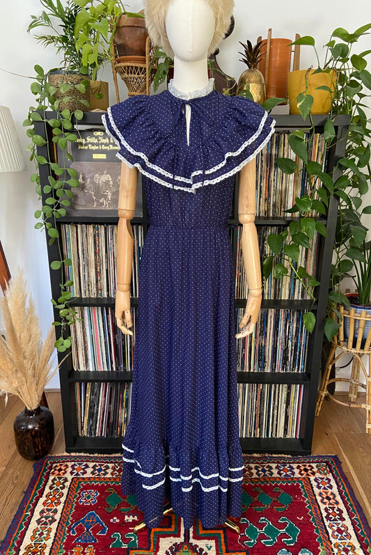 Vintage 1970s Navy Polka Dot Prairie Dress