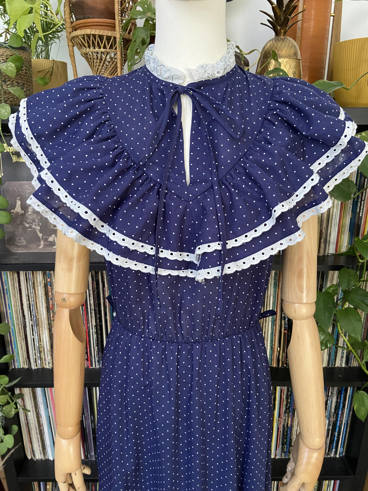 Vintage 1970s Navy Polka Dot Prairie Dress