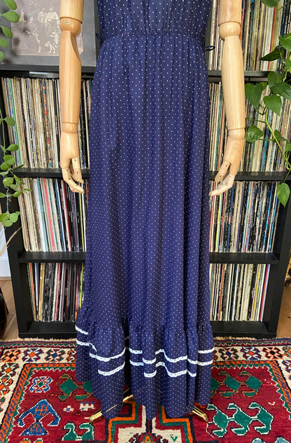 Vintage 1970s Navy Polka Dot Prairie Dress