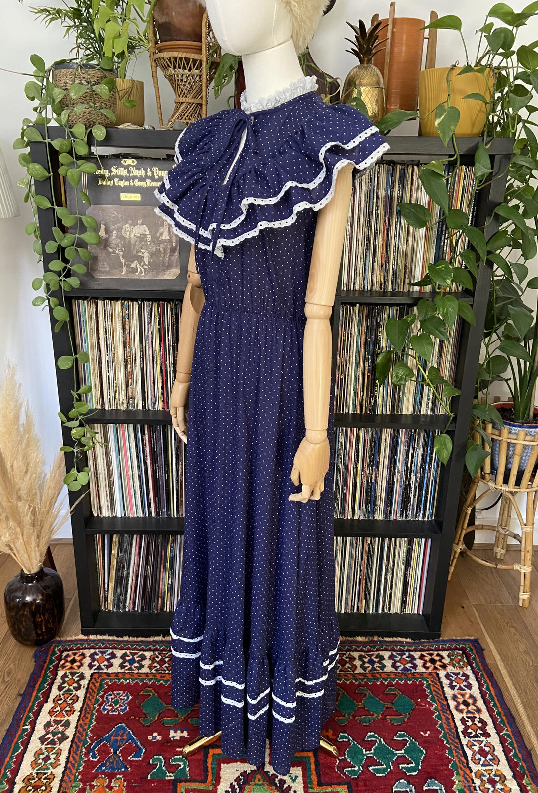 Vintage 1970s Navy Polka Dot Prairie Dress