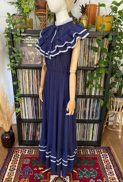 Vintage 1970s Navy Polka Dot Prairie Dress