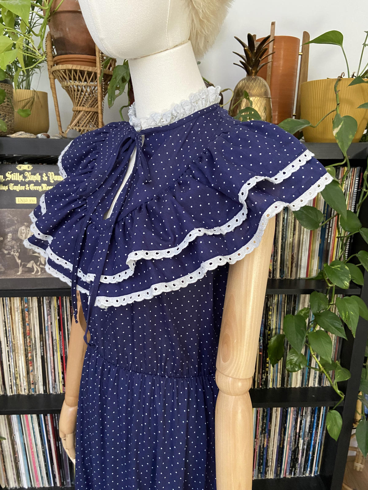 Vintage 1970s Navy Polka Dot Prairie Dress