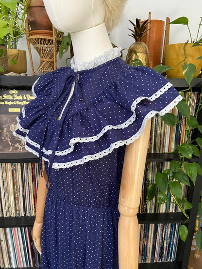 Vintage 1970s Navy Polka Dot Prairie Dress