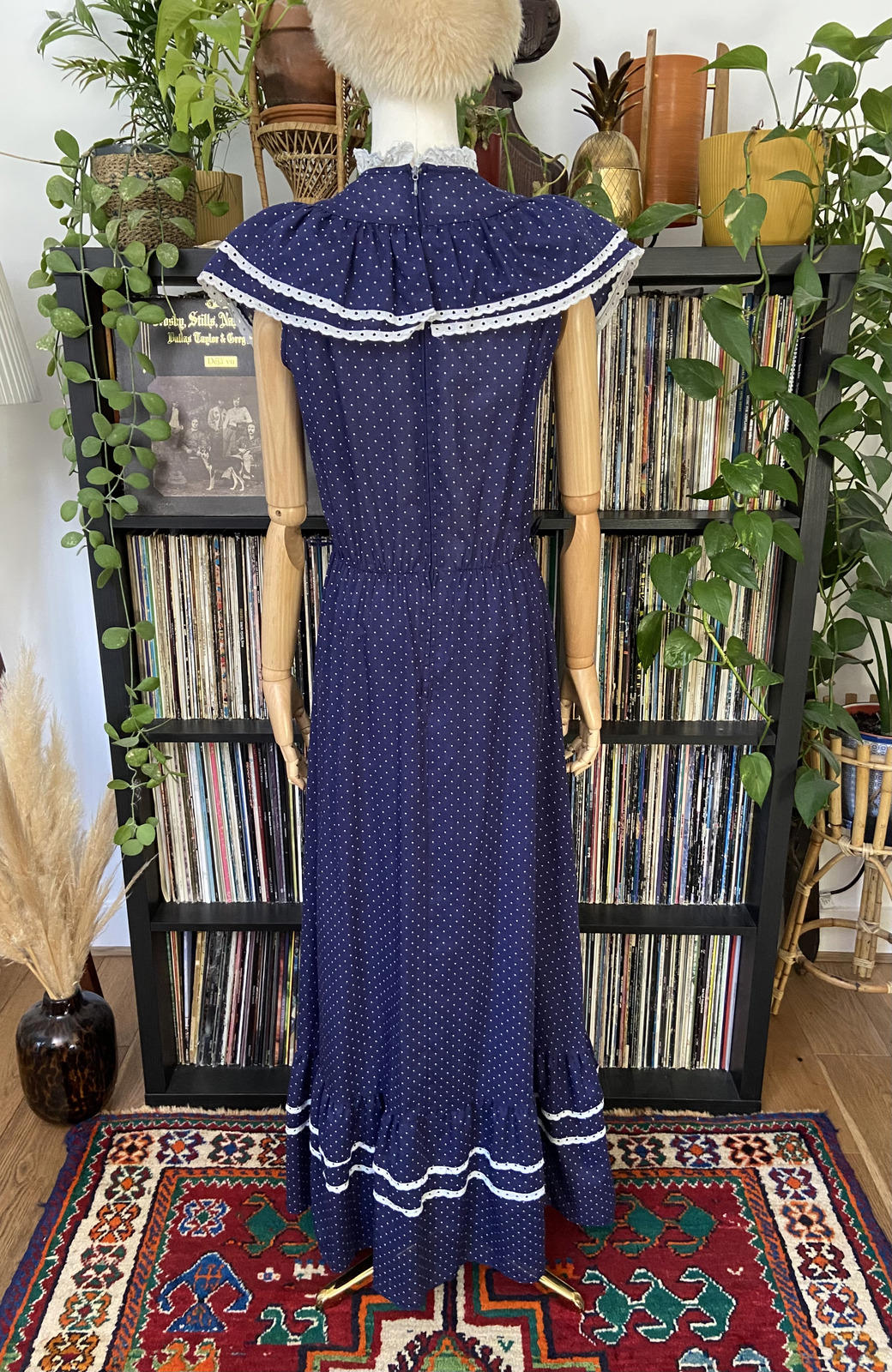 Vintage 1970s Navy Polka Dot Prairie Dress