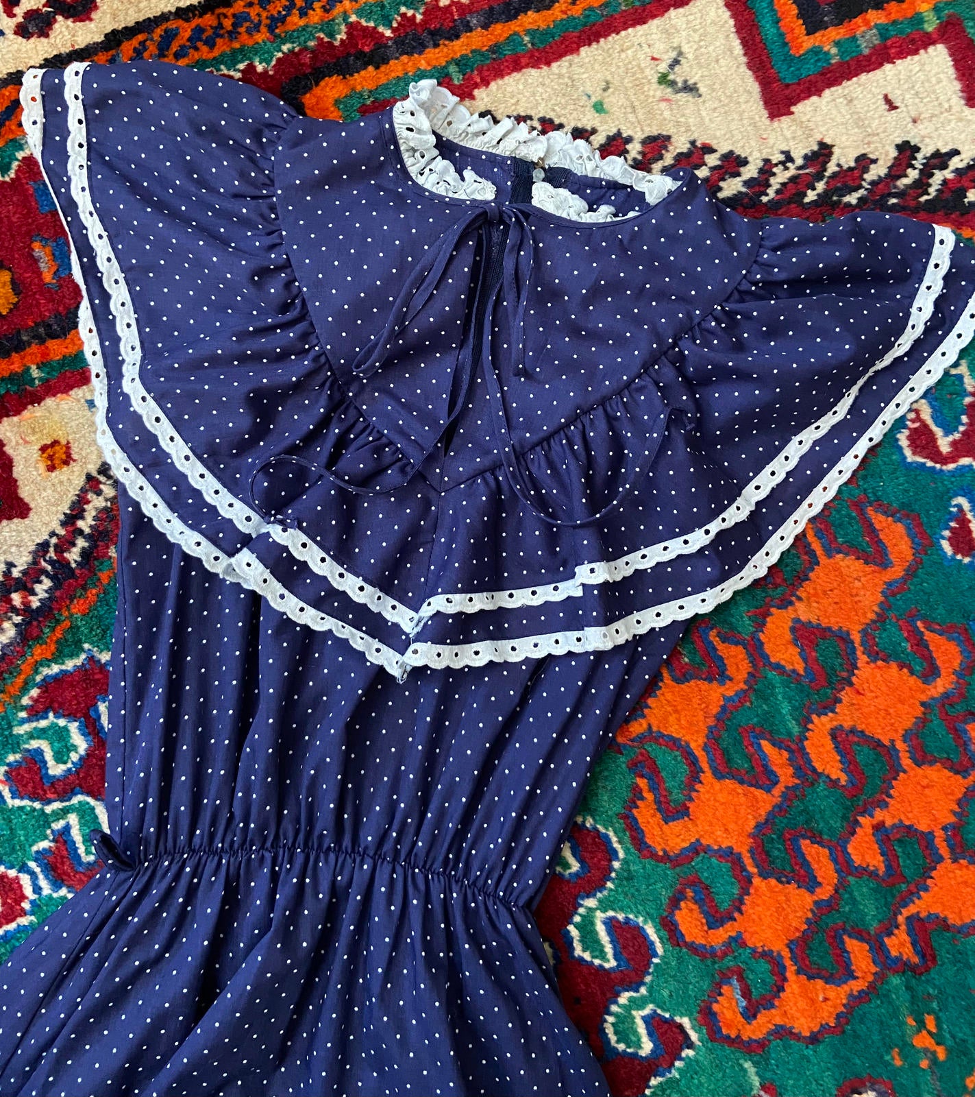 Vintage 1970s Navy Polka Dot Prairie Dress
