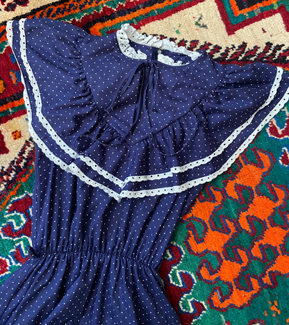 Vintage 1970s Navy Polka Dot Prairie Dress