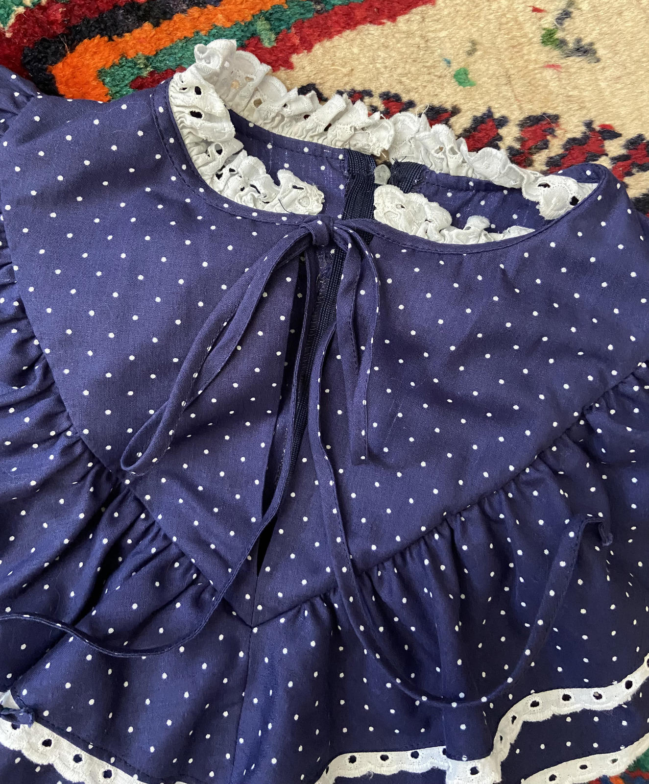 Vintage 1970s Navy Polka Dot Prairie Dress