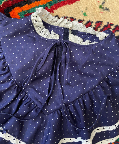 Vintage 1970s Navy Polka Dot Prairie Dress