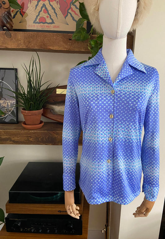 Vintage 1970s Blue Geometric Japanese Shirt