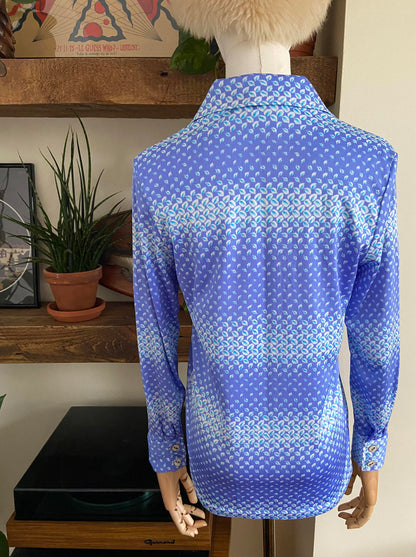 Vintage 1970s Blue Geometric Japanese Shirt