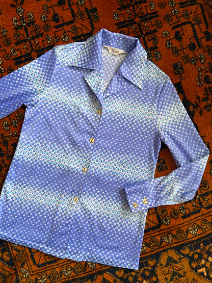 Vintage 1970s Blue Geometric Japanese Shirt