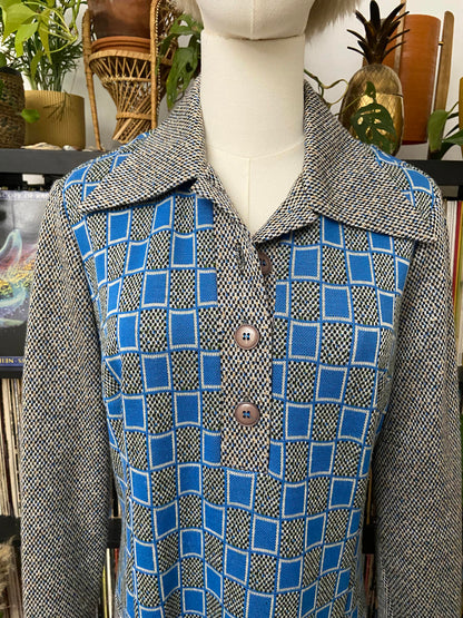 Vintage 1970s Blue Grey Knit Dagger Collar Dress