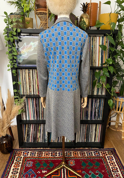Vintage 1970s Blue Grey Knit Dagger Collar Dress