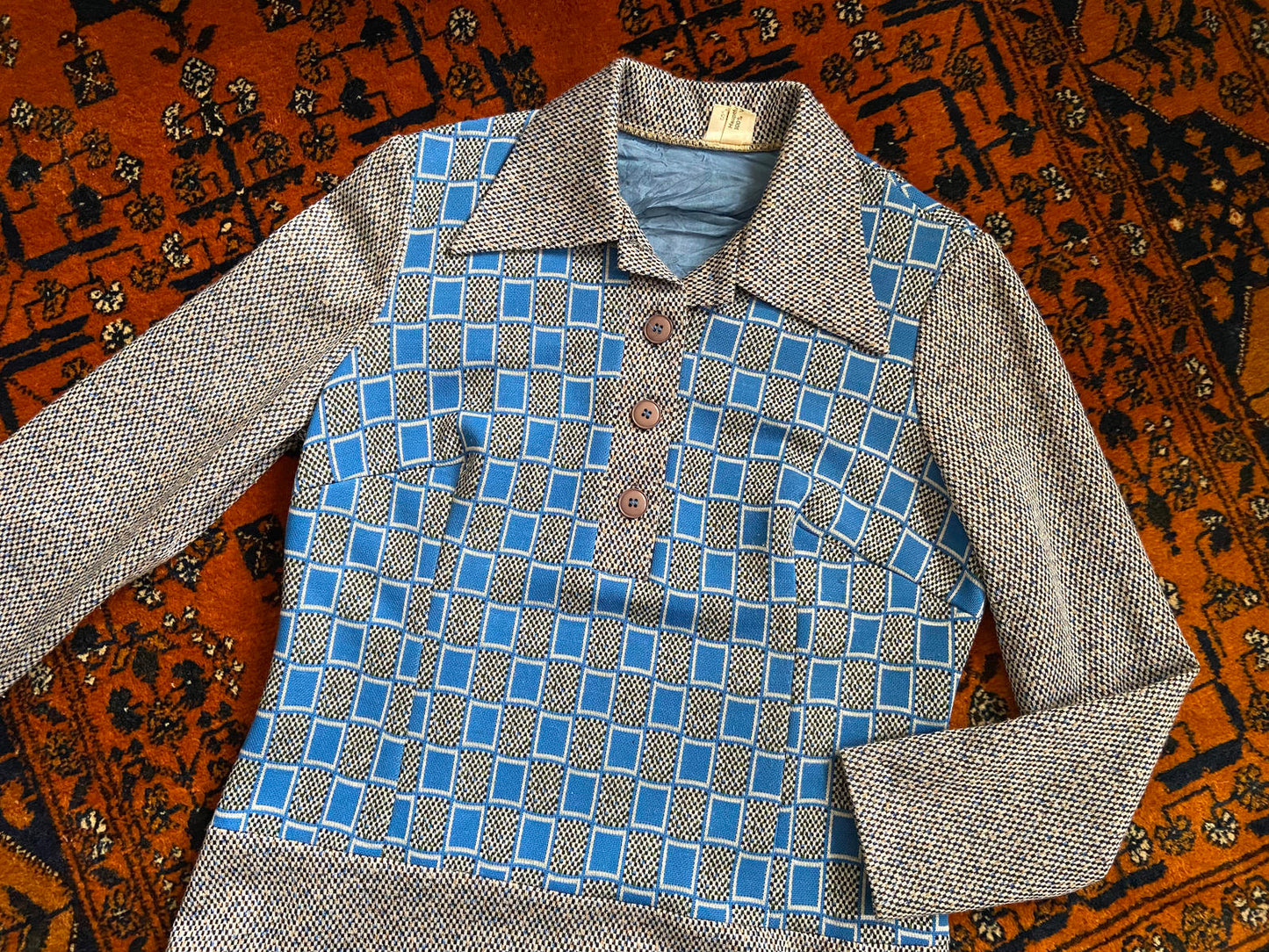 Vintage 1970s Blue Grey Knit Dagger Collar Dress