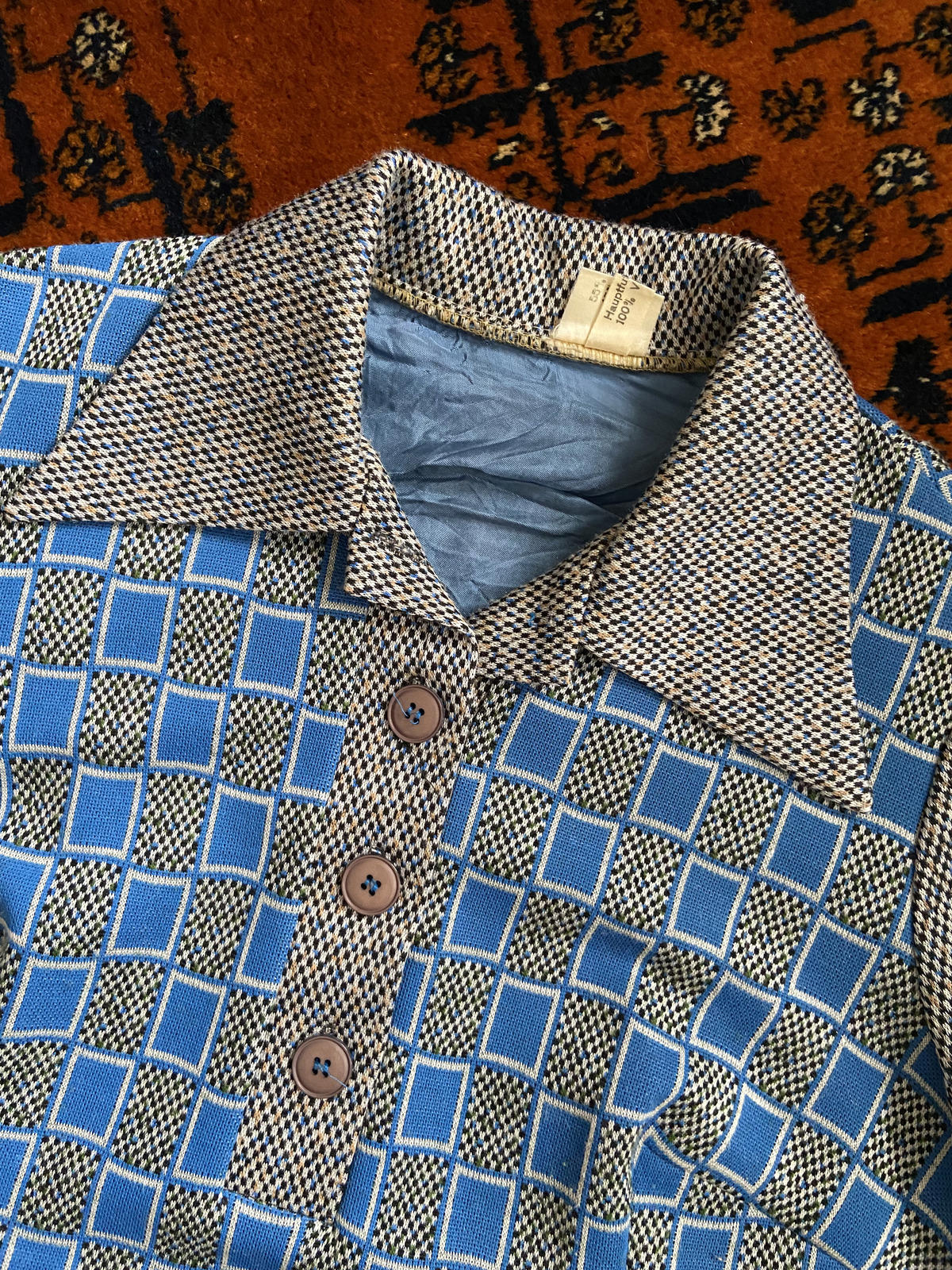 Vintage 1970s Blue Grey Knit Dagger Collar Dress