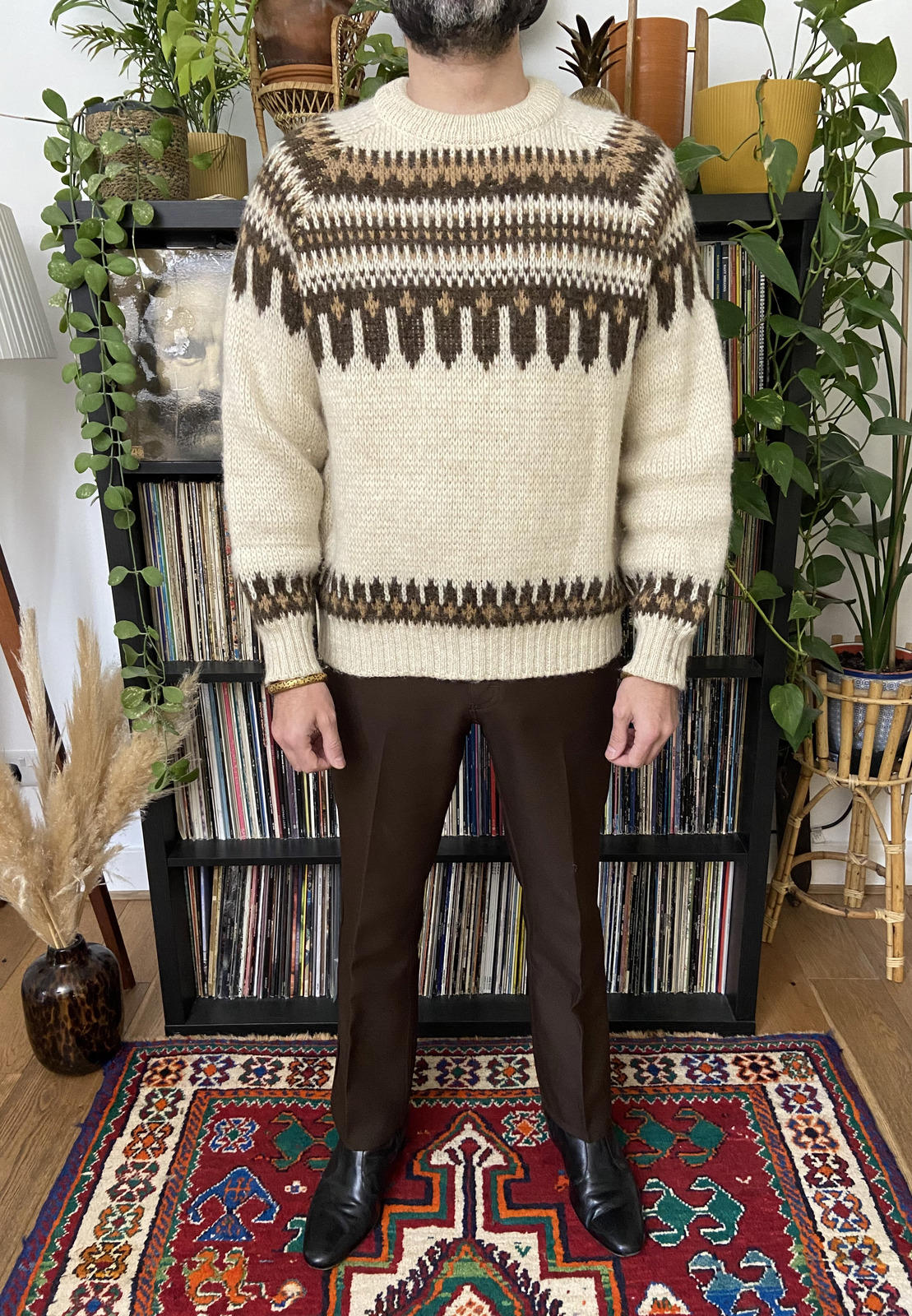 Vintage 1970s Chunky Knit Nordic Cream & Brown Jumper