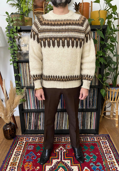 Vintage 1970s Chunky Knit Nordic Cream & Brown Jumper