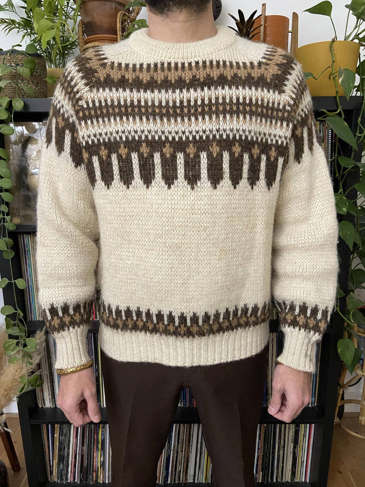 Vintage 1970s Chunky Knit Nordic Cream & Brown Jumper