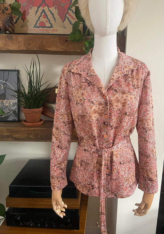 Vintage 1970s Pink Floral Tie Waist Shirt